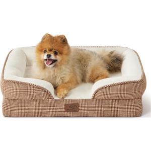 Bedsure Orthopedic Dog Beds for Small Dogs - Washable Small Dog Cat Bed Waterproof, Comfort Pet Couch Sofa with Washable Removable Cover, Pets Bed with Nonskid Bottom, Plaid-Brown, 24"