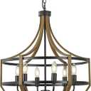 22" Large Farmhouse Chandelier for Dining Room, Retro Wood Texture & Black Finish, 6-Light Adjustable Height Rustic Pendant Light Fixture for Kitchen Island Entryway Foyer Stairwell Office