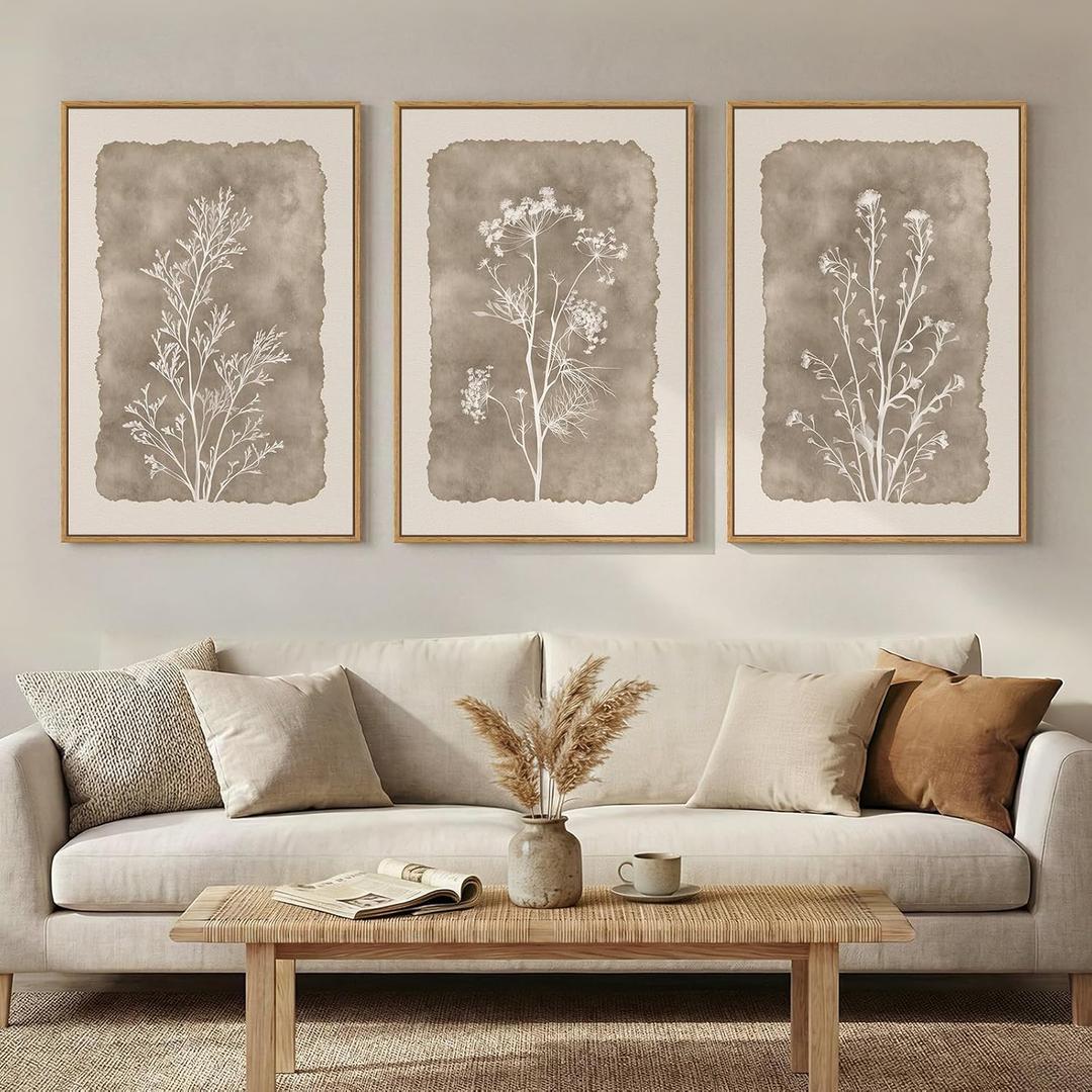 3 Piece Framed Neutral Botanical Wall Art Set, Large Farmhouse Floral Canvas Prints Paintings, Minimalist Wildflower Plant Artwork Decor for Living Room Bedroom Dining Room 16x24 Inch, 16W" x 24H"x3Pcs