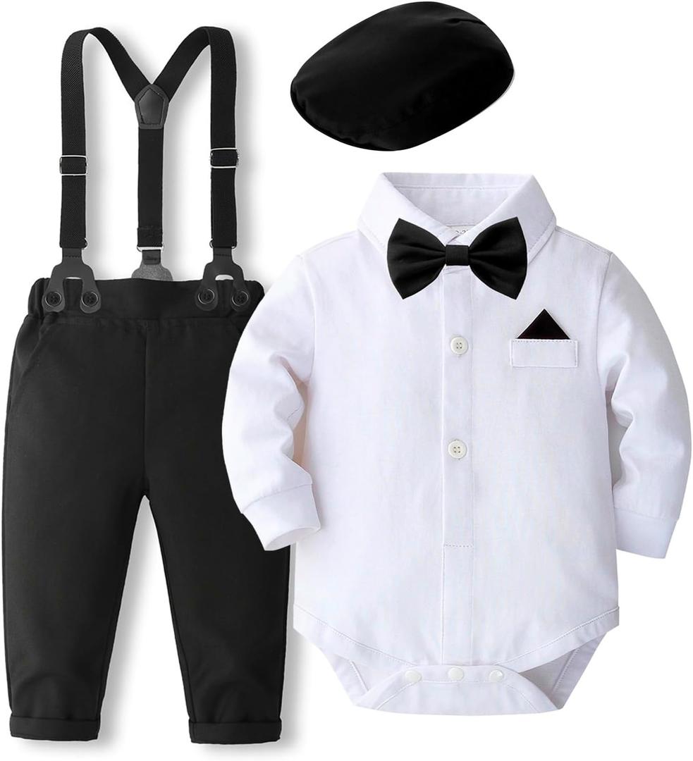 SALNIER Baby Boy 5PCS Formal Outfit Soft Cotton Romper Suspender Pants Bowtie Beret Hat Infant Wedding Birthday Party Suit (Black-whi,6-12 Months)