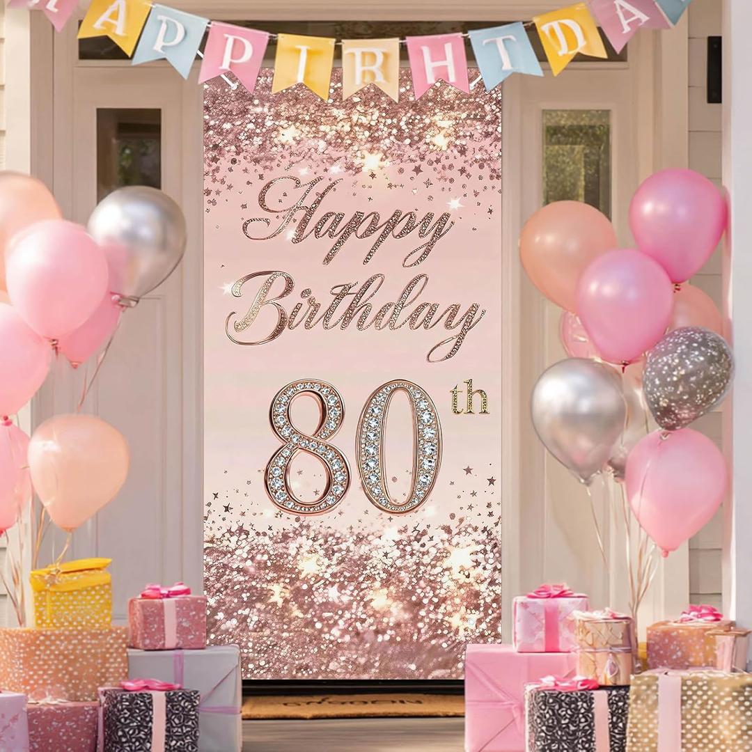 80th Birthday Door Cover 71x35 Inch Elegant Rose Gold Glitter Happy Birthday Banner for Women Sparkling Diamond Number Eightieth Milestone Celebration Party Photo Booth Prop Wall Decor