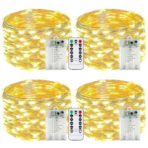 4-Pack Fairy Lights Battery Operated with Remote & Timer & 8 Modes, Waterproof 16 FT 50 LED String Lights Outdoor Indoor, Battery Twinkle Lights for Christmas Bedroom Centerpiece Décor (Warm White)