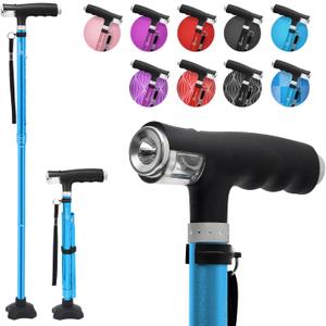 BeneCane Walking Cane for Women Folding Cane for Men with Two Led Lights Quad Cane with Stable Base Lightweight and Adjustable Walking Stick (Blue)