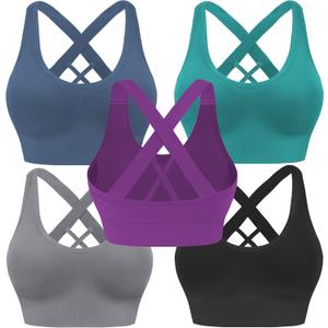 Evercute Sports Bra for Women Padded Medium Support Criss Cross Strappy Bras Seamless High Impact Yoga Exercise Athletic Bras (Black Gray Peacock-green Navy-blue Grape-purple 5 Pack)