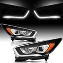 Headlights Assembly compatible with 2017 2018 2019 Ford Escape Halogen Type Projector Headlamp w/LED DRL Driver + Passenger, Black Housing