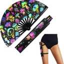 Large Rave Fan UV Glow Hand Fan with Holster for Men Women Disco Party Supplies for Carnival St. Patrick's Day Edm Music Festival Club Rave Accessories(Reflective Mushroom)
