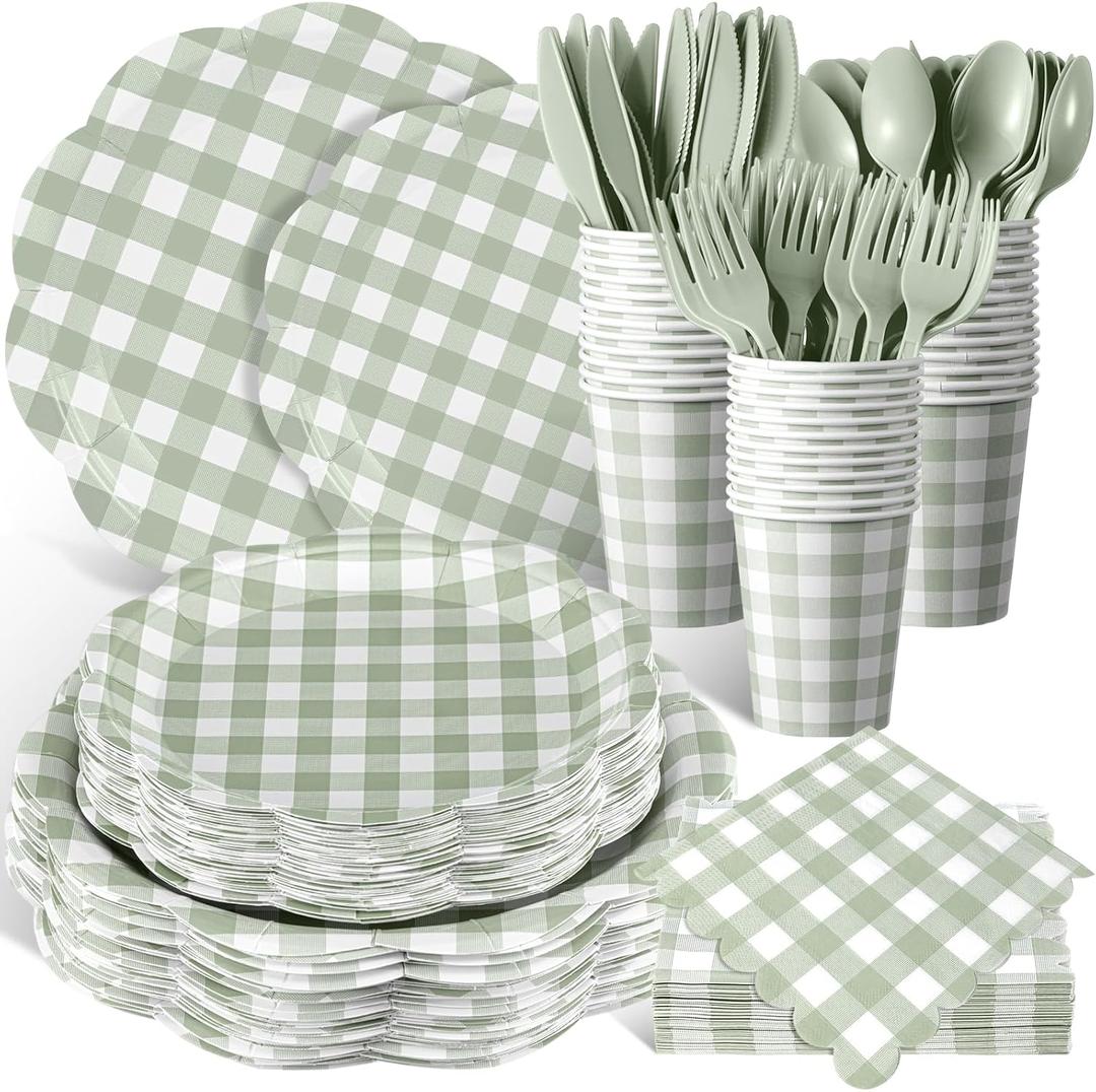 Funnymoom 400 Pcs Gingham Party Supplies for 50 Guests Green and White Paper Plates and Napkins Knives Spoons Forks Cups Disposable Checkered Dinner Party Set Cutlery for Baby Shower Wedding Favor
