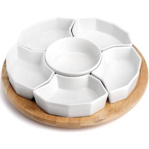 SOUJOY 11'' Lazy Susan Serving Tray, Porcelain 360 Rotatable Serving Tray and Platters, Removable Divided Serving Dishes, Party Relish Bowl for Chip, Dip, Veggies, Candy and Snack, Cheese, 7 Pieces