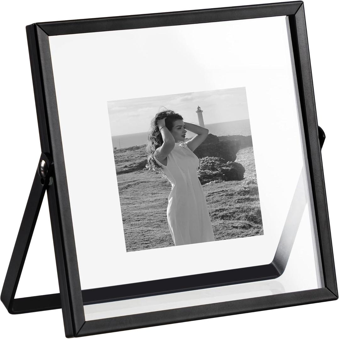 eletecpro 4x4 Metal Picture Frame with Real Glass Cover, Horizontal Tabletop Display Photo for Multiple Size up to 4x4, Floating Photo Frame for Wedding, Party, Home Decor, Black