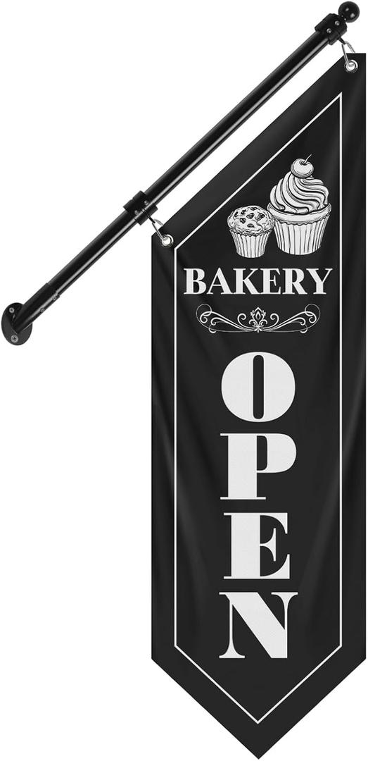 Bakery Open Sign, Vintage Double-Sided Polyester Flag with Flagpole & Bracket, Cottage Outdoor Bakery Goods Hanging Flag for Fresh Bread, Pastries & Baked Goods Display