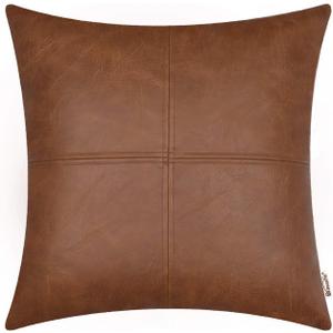 BRAWARM Faux Leather Throw Pillow Covers 18 X 18 Inches, Brown Leather Pillow Cover, Hand Stitched Leather Decorative Pillow Cover for Couch Sofa Bed Living Room Home Garden (18" x 18" (Pack of 1))