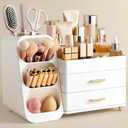 HBlife Makeup Organizer with Brush Holder for Vanity, Large Plastic Bathroom Countertop Organizer Skin Care Storage, Easy to Store Lipsticks, Nail Polishes, Perfumes, Eyeshadow Palettes, All White