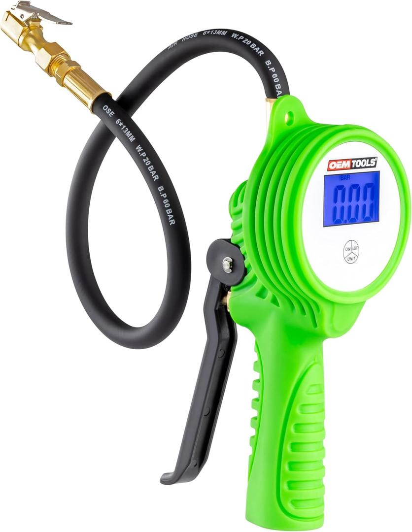 OEMTOOLS 24412 Digital Tire Inflator with Tire Pressure Gauge, Digital LCD Display, 0 to 175 PSI Air Pressure Gauge for Tires with 21 Hose and Clip-On Air Chuck