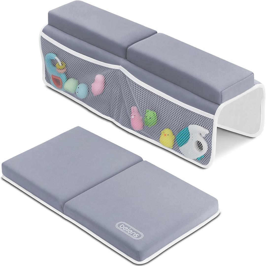 beiens Bath Kneeler and Elbow Rest Pad Set - 1.5'' Comfortable Baby Bath Kneeler Pads, Thick Quick Dry Kneeling Pad Support for Knee& Arm, Large Bathtub Mat with Toy Organizer for Happy Baby Bath Time (Grey)