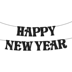 KatchOn, Glitter Black Happy New Year Banner 2026-10 Feet, No DIY | Glitter Pre-Strung Hello 2026 & Happy New Years sign for Happy New Year Decorations 2026 | NYE Party Garland | NYE Decorations 2026