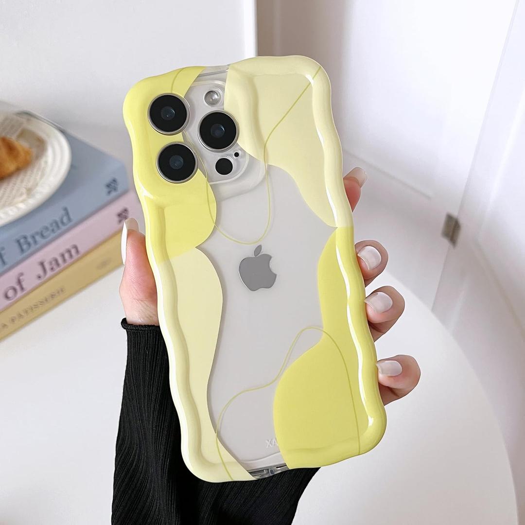 DEFBSC for iPhone 16 Pro Max Case,Cute Clear Wavy Art Design Aesthetic Pattern Phone Case for Women Girls,Wave Frame Durable Protective Cover Full Camera Protection Bumper for iPhone 16 Pro Max,Yellow