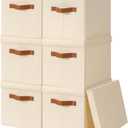 Storage Bins with Lids - Fabric Storage Baskets for Shelves, 6 Pack Foldable Decorative Boxes with Handles, Stackable Organizer Bins for Home, Nursery, Dorm, Beige