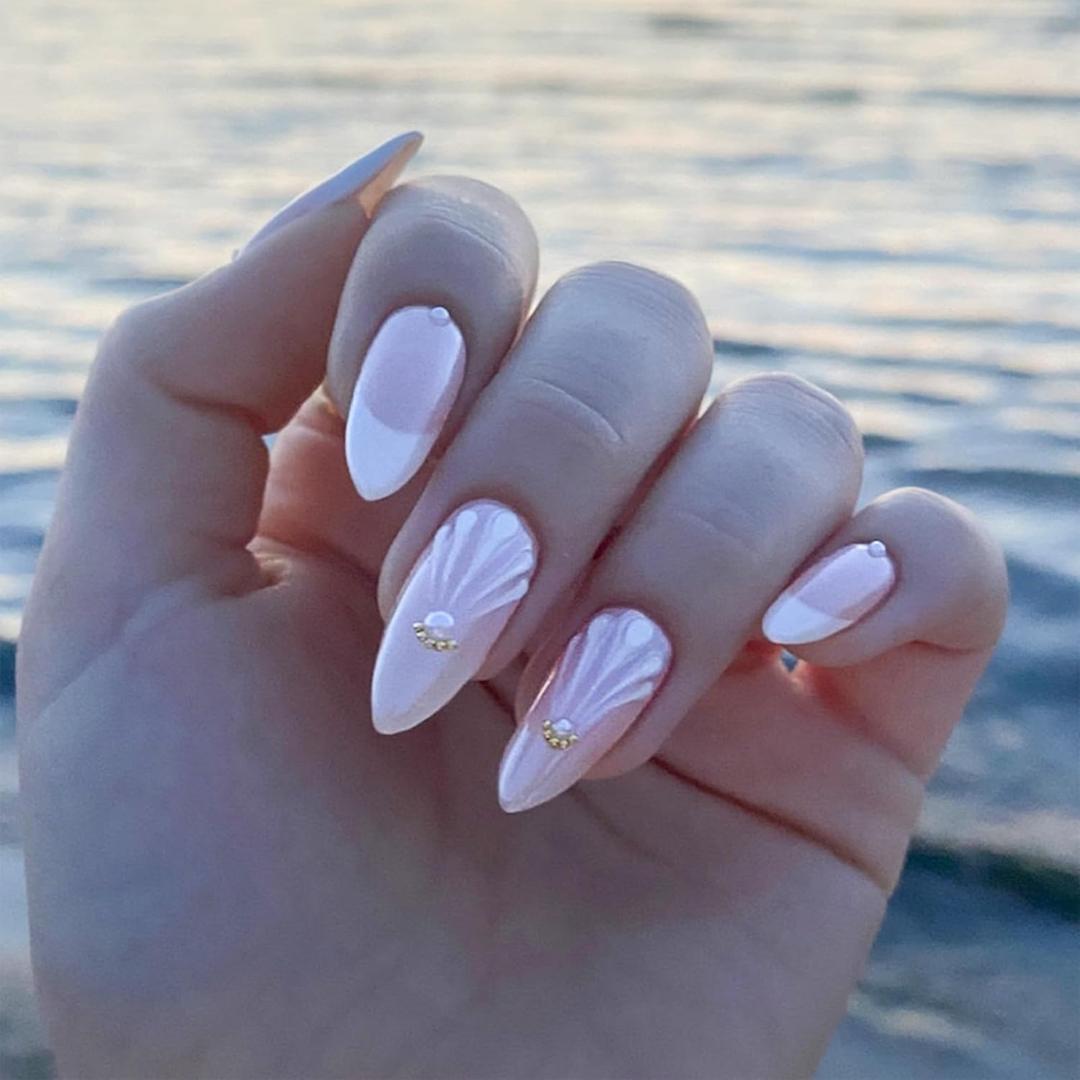 French Tip Press on Nails Almond Medium Length Fake Nails Pearl Powder Chrome False Nails with Designs Charm Glue on Nails Glossy Artificial Acrylic Nails for Women Manicure Art (Style 30)