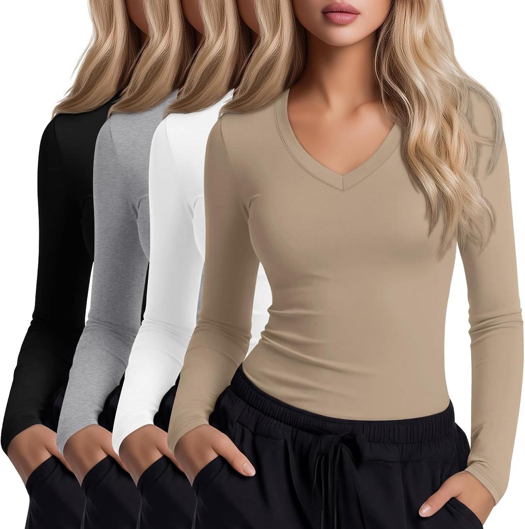 Xaatren 4 Pack Women's Under Scrubs Long Sleeve V Neck Shirts Slim Fit Stretchy Undershirt Basic Casual Tops for Nurse, Black, Light Mixed Gray, Khaki, White, Medium