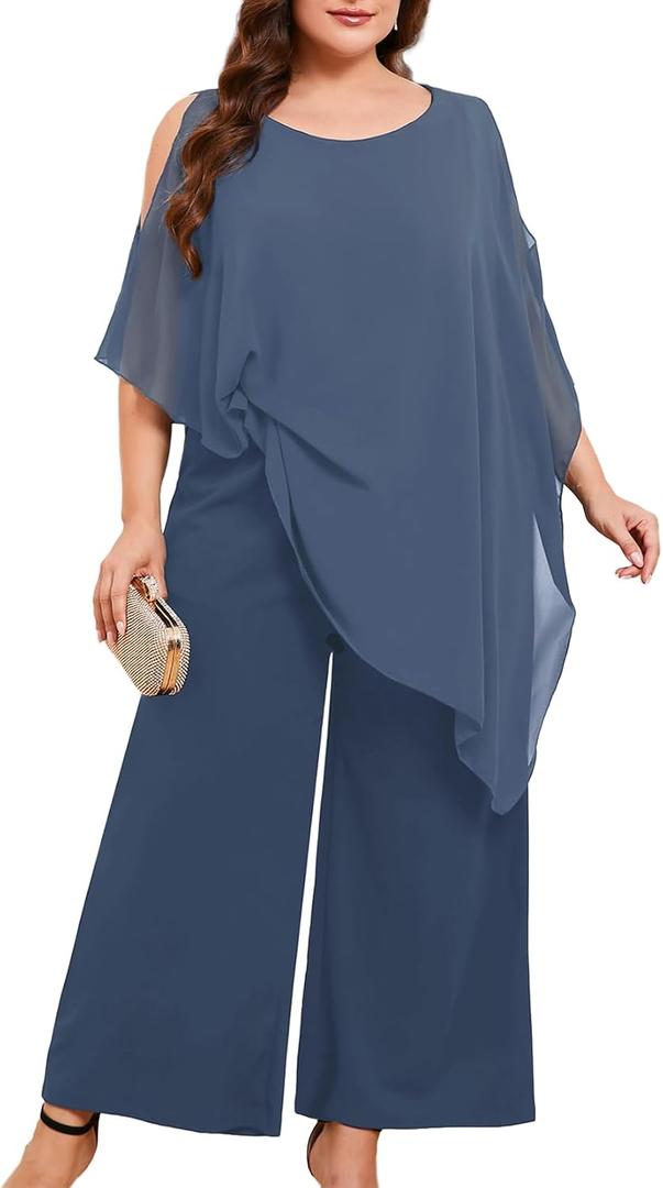 ZOMVA Plus Size Mother of the Bride Pant Suits Dressy 2 Piece Asymmetric Cape Set with Pockets Wedding Guest Outfit 3XL