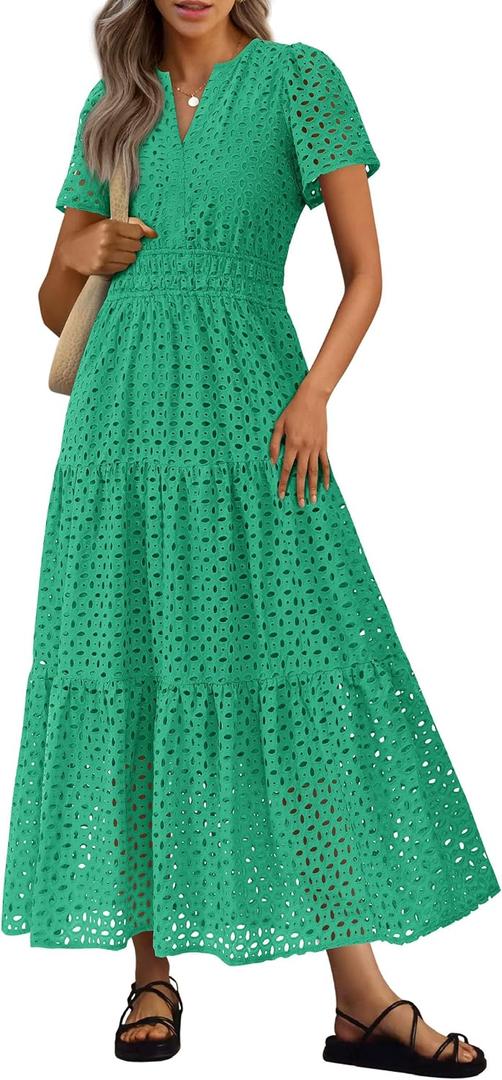 PRETTYGARDEN Womens 2026 Summer Maxi Dress Short Sleeve V Neck Hollow Out Eyelet A Line Long Flowy Beach Vacation Dresses (Green, XX-Large)
