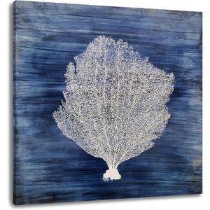 Yihui Arts Coastal Wall Art Hand Painted Navy Blue and White Tree Pictures Modern Abstract Canvas Artwork for Living Room Bedroom Dinning Decor (30L" x 30W", Coral Artwork)