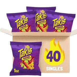 Takis Fuego 40 pc / 1 oz Multipack, Hot Chili Pepper & Lime Rolled Tortilla Chips, Best Before 01/14/26