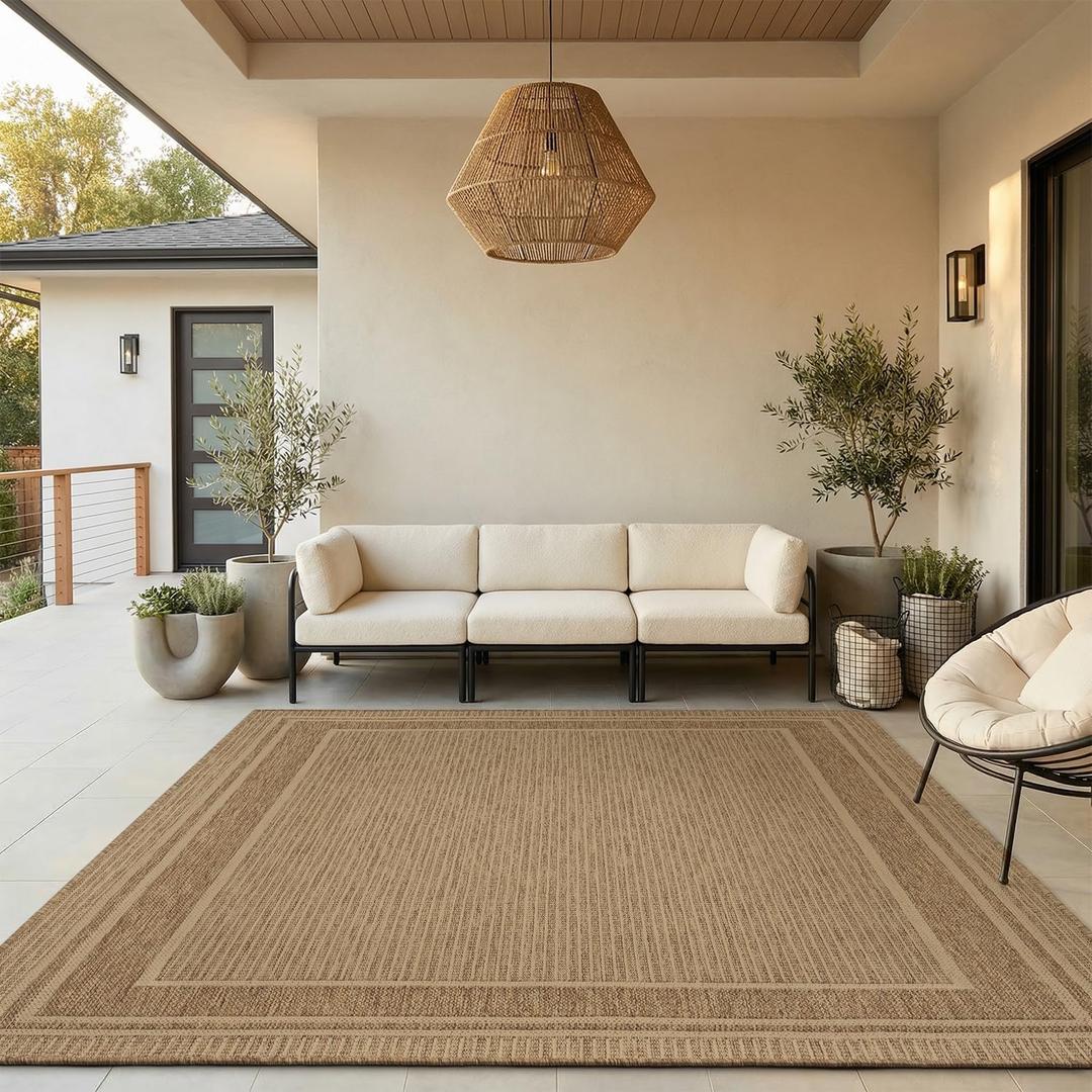MontVoo-Outdoor Rug-Patio Rug 8x10 ft Polypropylene Indoor Outdoor Rugs Outdoor Carpet for Patio Deck Balcony Porch, Textured Weave, Durable for High Traffic, Fade-Resistant, Modern Neutral Brown