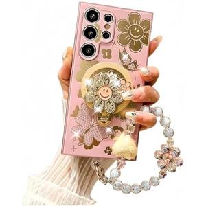 for Samsung Galaxy S25 Ultra Case for Women Girls for Magsafe,S25 Ultra Phone Case Cute Bling Diamond Sunflower Kickstand with Glitter Girly Bead Phone Strap for Samsung S25 Ultra Pink