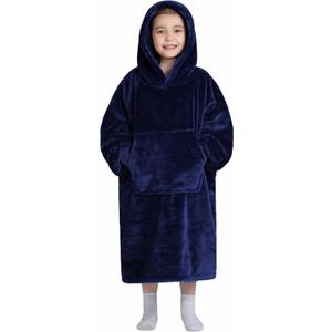 Waitu Wearable Blanket for Kids, Wearable Blanket Hoodie for Teens Girls Boys, Warm Blanket Sweatshirt Gift for Teenage, Hoodie Blanket with Sleeves - Navy Kids