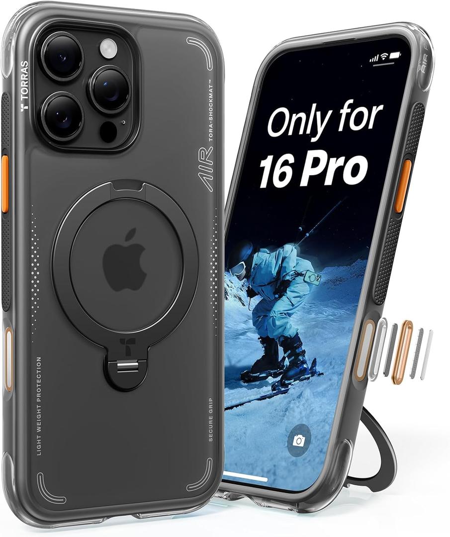 TORRAS Ostand Q3 Air for iPhone 16 Pro Case with Real Airbags, Mil-Grade Protection, Fit for MagSafe, 360 Magnetic Stand, Case for iPhone 16 Pro with Camera Control, Shockproof & Stylish, 6.3" Black