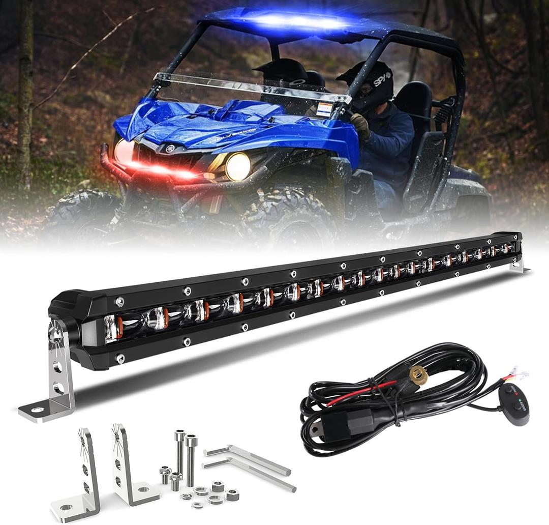 [Red & Blue Strobe] 20 inch LED Light Bar, Single Row Flashing Police Light, Chasing Light with Wiring Harness for Off-Road ATV UTV Car Pickup Truck [Straight]