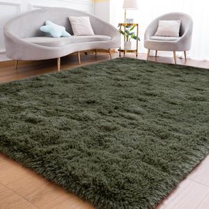Fluffy Rug for Bedroom Living Room, 6x9 Olive Green Area Rugs, Faux Fur Shag Modern Carpet Ultra Soft Girls Boys Room Home Decor, Solid
