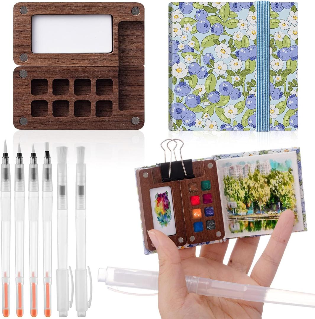 Qilery Mini Portable Watercolor Palette Set Wooden Grid Paint Box Watercolor Paper Sketch Book Brush Pens with Binder Clip for Painters Artist Not Include Paint(Blueberry)