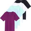 Real Essentials 5 Pack: Girls Rash Guard Swim Shirts  Short Sleeve UPF Sun Protection Tops (Ages 4-16) (L)
