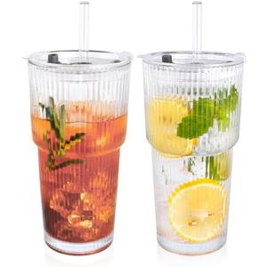 2PCS 20oz Glass Cups with Lids and Straws, Iced Coffee Cups with Lids, Stylish Ribbed Thick Drinking Glasses Tumbler for Juice, Smoothies, Cold Beverages, Cute Cup Gifts with Clean Brush