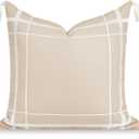 Hofdeco Premium Coastal Patio Indoor Outdoor Throw Pillow Cover Only, 20"x20" Water Repellent for Backyard, Couch, Neutral Tan Embroidered Line Frame