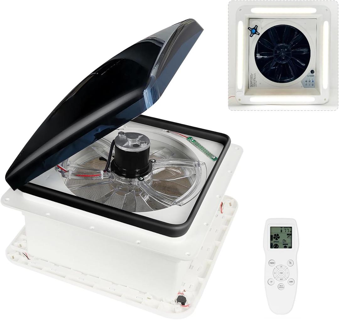 Upgraded Remote Control RV Roof Vent Fan with LED Light, 12V DC 14" Super Quiet RV Roof Fan with Rain Sensor, 10-Speed, Reversible