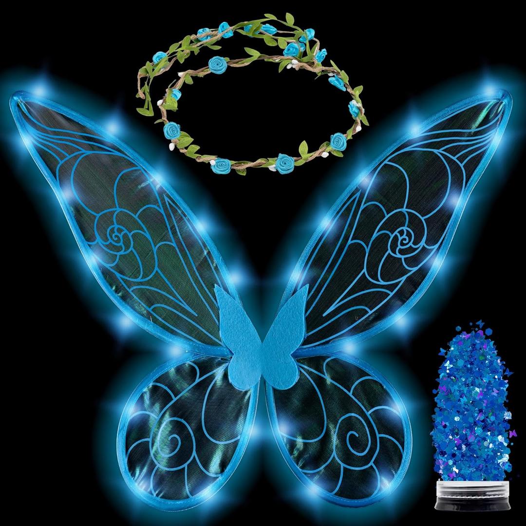 Funcredible Fairy Costume For Women and Girls - Light Up Fairy Wings and Flower Crown, Glitter - Butterfly Wings (Blue)