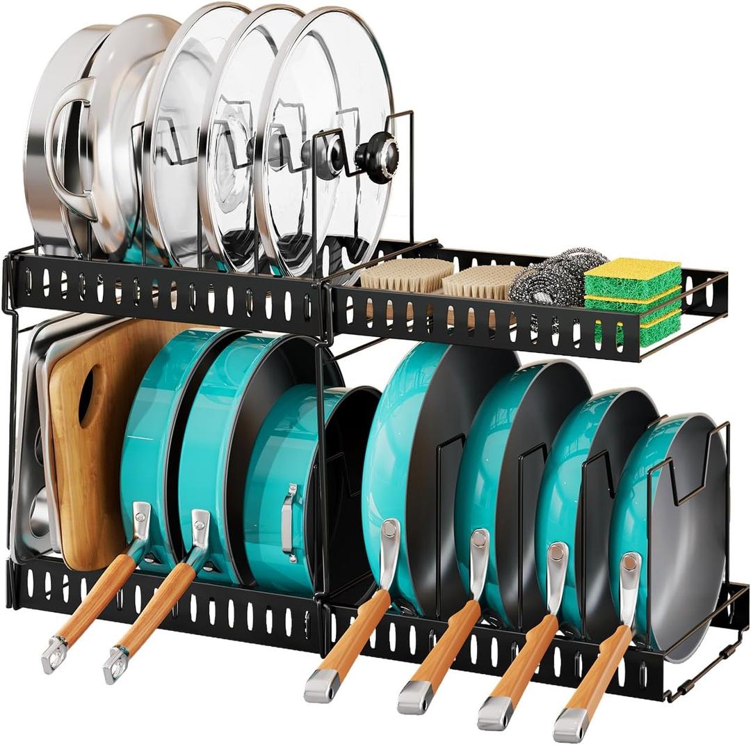 RoleDes Expandable Pots and Pans Organizer Under Cabinet, Adjustable Divider Pot Lid Holder for Kitchen Organization and Storage, Pan Lid Rack Organizer Inside Cabinet for Cookware, Bakeware