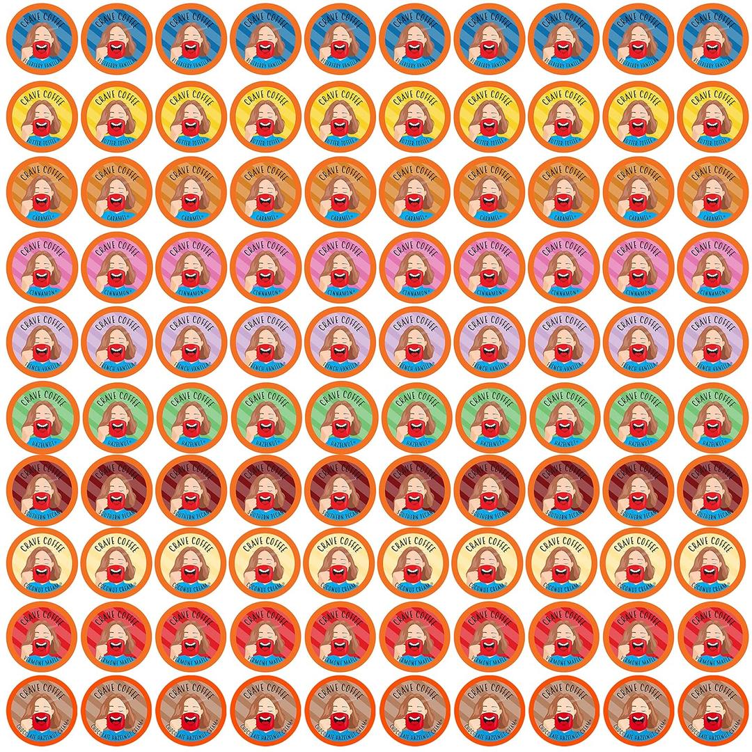 Crave Beverages Flavored Coffee Pods Sampler, Compatible with 2.0 K-Cup Brewers, Assorted Variety Pack, 100 Count (EXP 03/25/27)