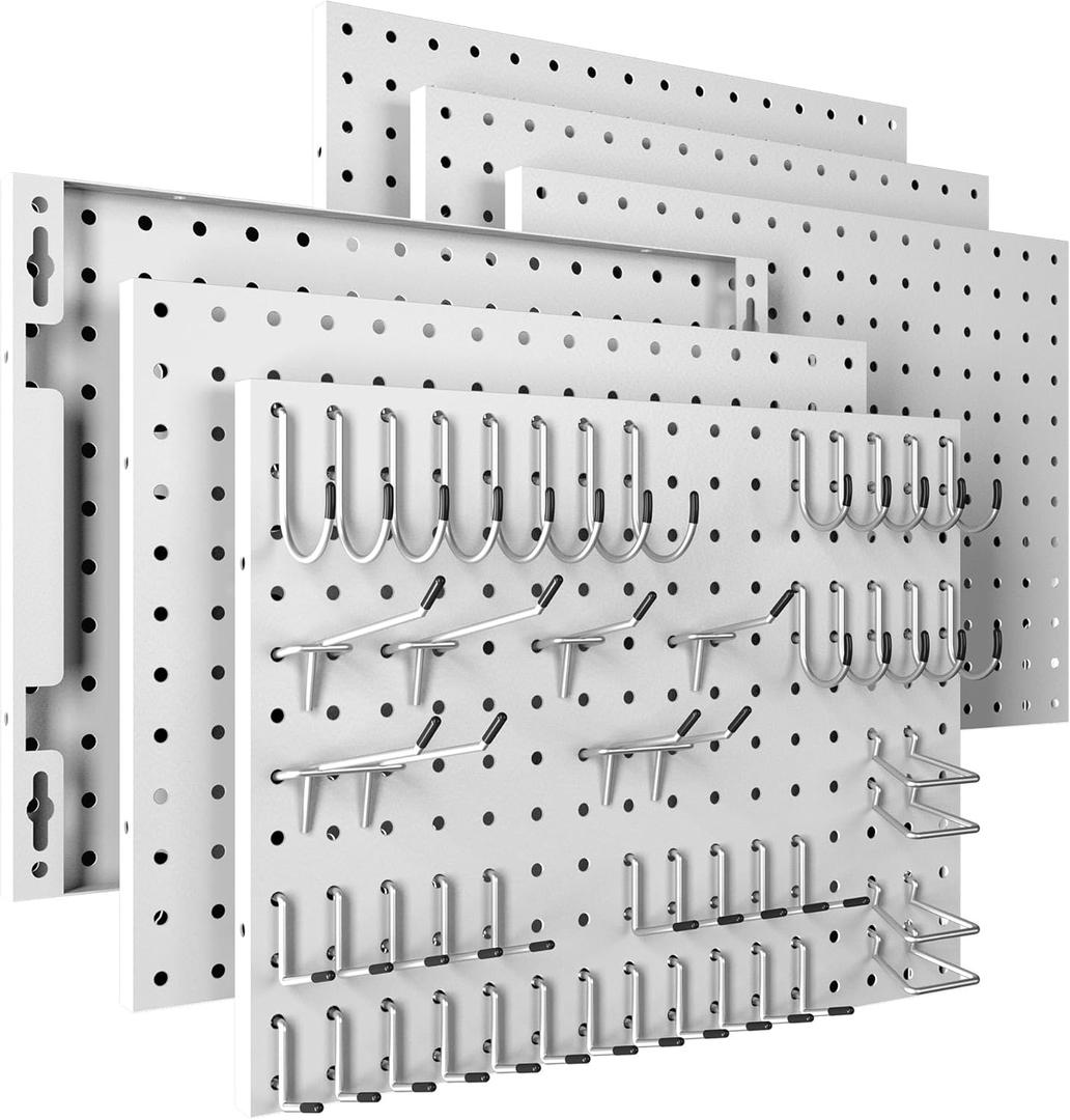 Spampur Peg Board, 6 Pack Metal Pegboard Panels White Pegboards Wall Organizer with 50 Hooks, Heavy Duty Peg Board for Walls Home, Garage Tool Storage, Office Organization, Craft Room, Kitchen