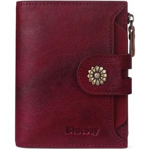Wallet Women,RFID Blocking Real Leather Womens Wallet Bifold Compact Card Holder Small Wallet for Women with Removable ID Window Red