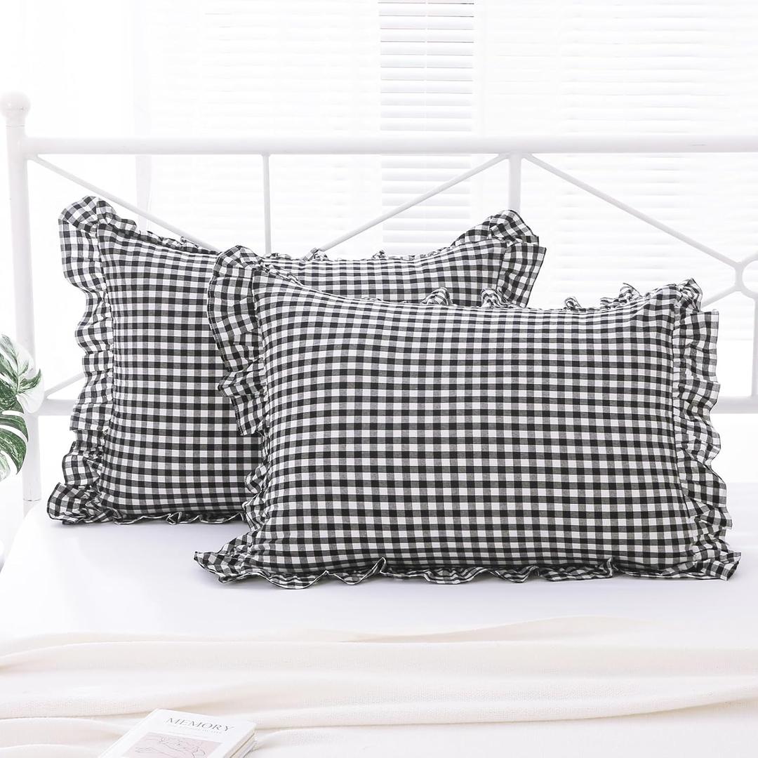 2 Pack Black and White Plaid Ruffle King Size Pillow Shams 20x36 inches, Washed Cotton Buffalo Gingham Checkered Farmhouse Pillow Covers for Bed/Sofa (20x36 inches, Black/White Plaid)