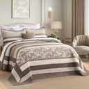 Lightweight King Bedspreads 128x120, 100% Cotton Oversized Quilt, Striped Botanical Pattern Coverlet, Reversible Farmhouse Quilted Bedding Set 3 Piece, Brown/Beige