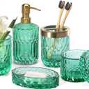 EMPO 6PCS Bathroom Clear Glass Accessories Set (Lotion Soap Dispenser, Soap Dish, Toothbrush Holder, Tumbler, Cotton Swab Jar), Contemporary Modern Decor Crystal Vintage Gift (6pcs Vintage Jade)