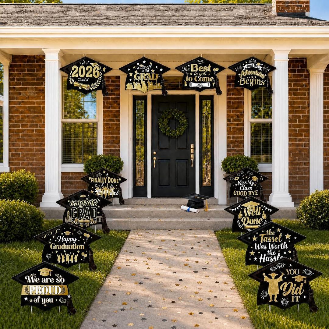 12 Pack Graduation Yard Signs Class of 2026, Congrats Grad Lawn Decorations with Stakes, Waterproof Grad Yard Sign 2026 for Garden, Pathway, Porch, Graduation Party