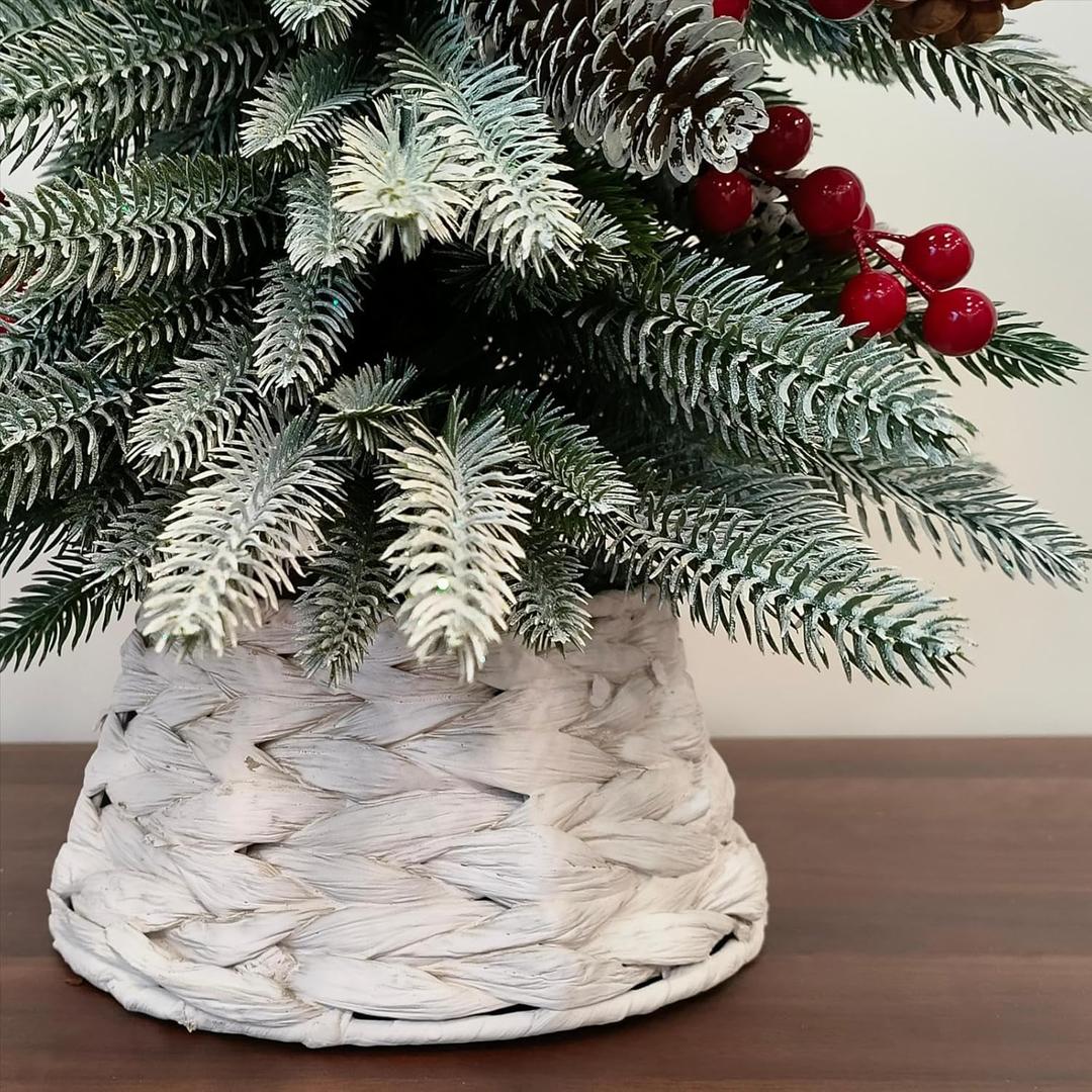 7.5-Inch Mini Christmas Tree Collar, Handcrafted Woven Hyacinth Holiday Rattan Tree Skirt Accessory-White