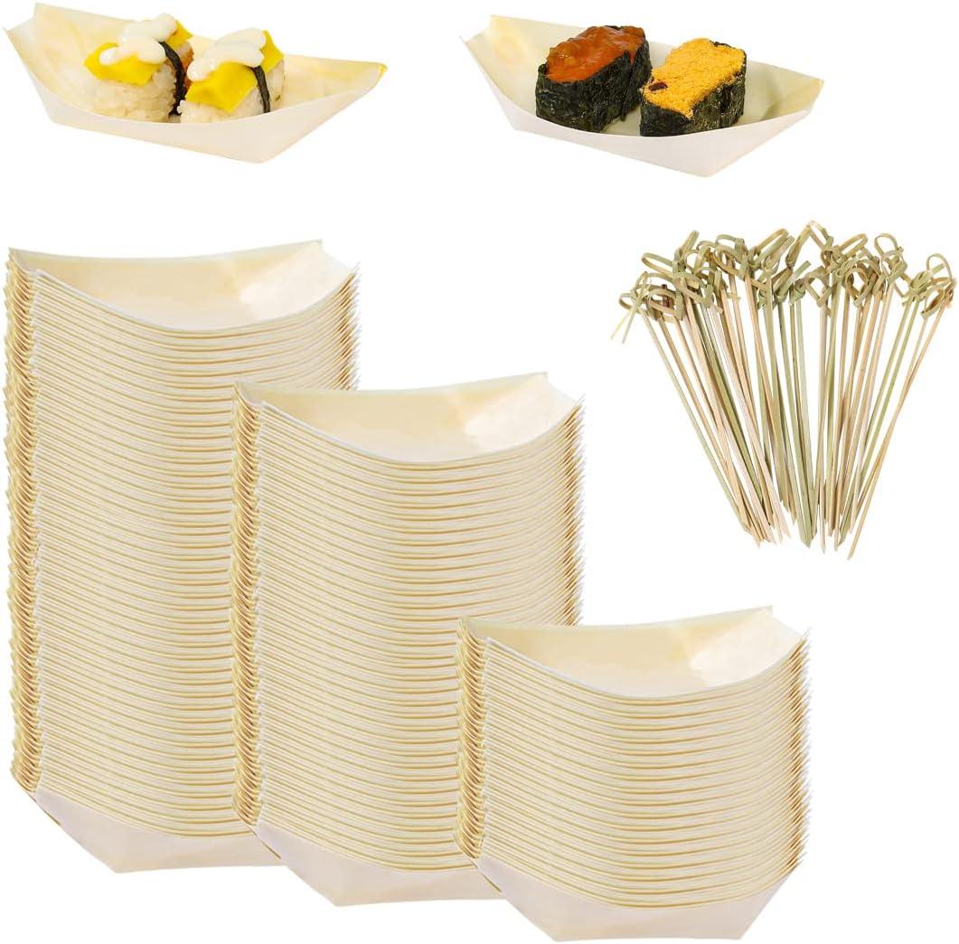 WATHFKCU 5.7 Inch Disposable Bamboo Wooden Sushi Boat Plate Bamboo Appetizer Plates Dishes Sushi Serving Tray Wooden Leaf Boat with 100Pcs Bamboo Picks (5.7inch)