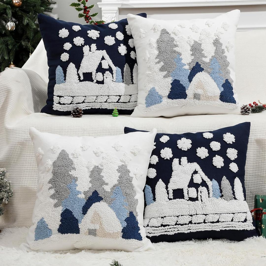 4 Pcs Winter Pillow Covers, Embroidered Xmas Tree Snowflake House Decoration Blue Grey Christmas Throw Pillow Covers for Christmas Winter Holiday Farmhouse Sofa Couch Bed Room Decor (20x20 Inch)
